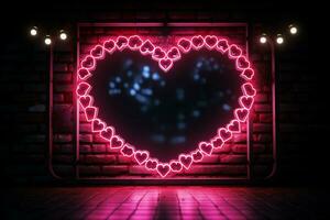 radiante amor símbolo uma coração quadro, Armação iluminado de uma cativante néon placa ai gerado foto