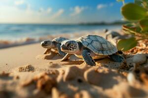 arenoso costa testemunhado bebê tartarugas incubação, embarcar em seus beira-mar aventura. ai gerado foto
