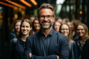 ai generativo grupo do feliz o negócio homem e o negócio mulheres, vestido dentro ternos estão sorridente, dentro a escritório foto