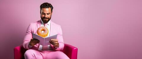 jovem adulto lendo enquanto comendo rosquinha dentro cafeteria isolado em uma gradiente fundo foto