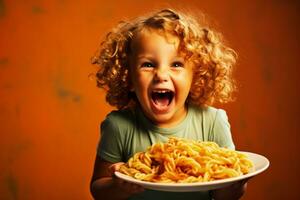 jovem criança deliciando dentro massa jantar isolado em uma caloroso gradiente fundo foto