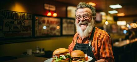 idosos cavalheiro saboreando uma suculento hamburguer às uma nostálgico decada de 50 o jantar foto