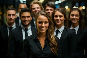 ai generativo grupo do feliz o negócio homem e o negócio mulheres, vestido dentro ternos estão sorridente, dentro a escritório foto