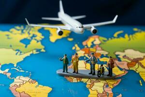 miniatura figuras, representando masculino e fêmea Viajantes, ficar de pé perto uma mundo mapa e avião ai gerado foto
