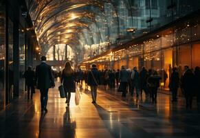 silhueta do pessoas caminhando dentro uma cidade às crepúsculo foto