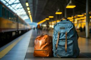 trem estação viajante azul mochila, Scott camisa, chapéu, e malas, incorporando período de férias vibrações ai gerado foto