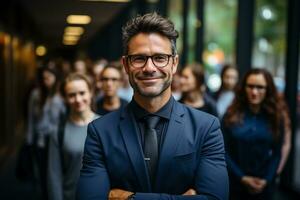 ai generativo grupo do feliz o negócio homem e o negócio mulheres, vestido dentro ternos estão sorridente, dentro a escritório foto