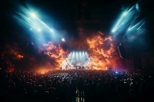 ai generativo lotado show etapa cenário com holofotes e colori luzes realista imagem, ultra hd foto