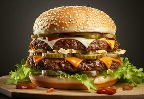 ai generativo Duplo Hamburger isolado em branco fundo fresco hamburguer velozes Comida com carne e creme queijo realista imagem, ultra hd, Alto Projeto muito detalhado foto