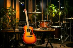 a gravação estúdio quarto vem vivo com a dedilhados do a acústico guitarra. ai gerado foto