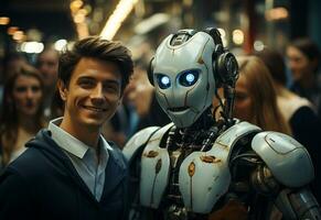 uma homem dentro uma terno e gravata em pé Próximo para uma robô foto