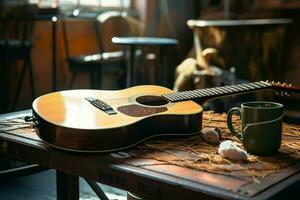 uma vago espaço ressoa com a eco do a sem vigilância acústico guitarra. ai gerado foto