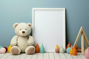 colorida brinquedos e uma Urso de pelúcia Urso acentuar uma branco de madeira quadros em branco brincar ai gerado foto
