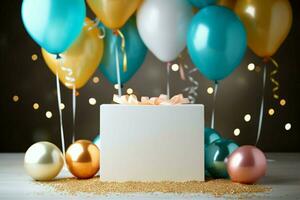 criança aniversário festa convite balões, bolo, velas, presente caixa, e celebração bandeira ai gerado foto