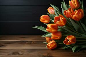 uma cativante vista laranja tulipas em uma rústico madeira pano de fundo ai gerado foto