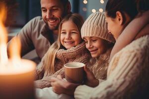 feliz família bebendo quente chocolate dentro inverno foto