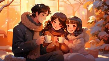 feliz família bebendo quente chocolate dentro inverno foto