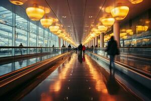 borrado aeroporto encontrão pessoas atravessar dois comovente passarelas dentro uma em linha reta Visão ai gerado foto