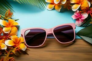 de praia Essenciais oculos de sol, colorida flores, e tropical Palma folhas para uma perfeito verão ai gerado foto