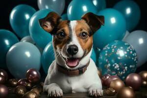 surpreendente aniversário jack russell desgasta gravata, chapéu, detém balões, bolo branco pano de fundo ai gerado foto