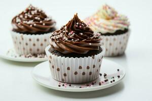 copo do delicioso chocolate bolos exibido em uma limpar \ limpo branco fundo ai gerado foto