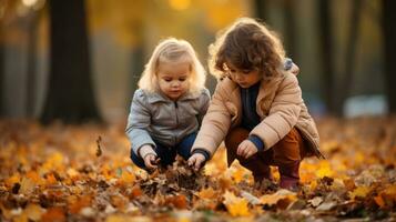 crianças jogando com outono folhas lado de fora foto