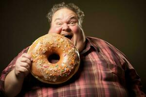 jovial gordo homem segurando grande rosquinha. gerar ai foto