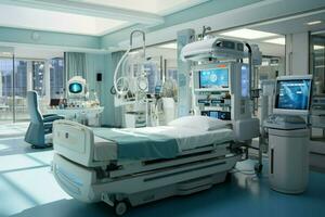 moderno médico centros UTI, uma alta tecnologia ressuscitação espaço para crítico paciente Cuidado ai gerado foto