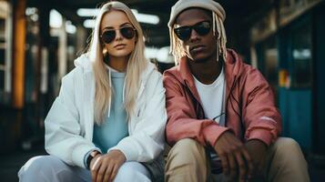 jovem casal dentro na moda streetwear foto