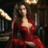 mulher dentro elegante vermelho vestido com trem foto