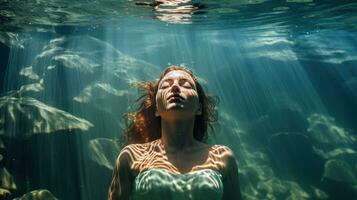 mulher flutuando dentro cristal Claro água foto