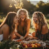 amigos rindo e desfrutando ao ar livre piquenique foto