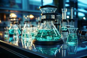 laboratório artigos de vidro arranjado ao lado uma microscópio, aguardando científico exploração ai gerado foto
