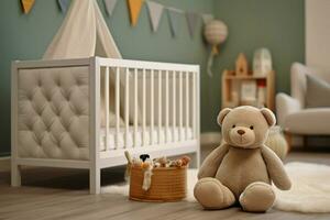 clássico berço dentro uma sereno bebê sala, adornado com brinquedos, uma suave tapete, e uma tecido cesta ai gerado foto