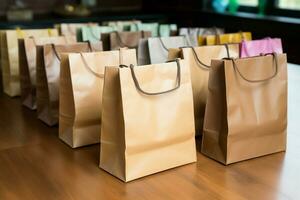 saco coleção sortido Castanho papel bolsas arranjado graciosamente em a da mesa superfície. ai gerado foto