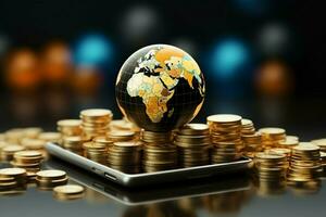 uma Smartphone com uma pilha do ouro moedas e uma globo, representando global o negócio ai gerado foto