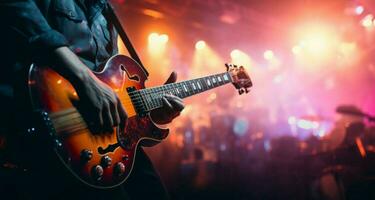 suave borrão rodeia a guitarrista, enfatizando a musical conceito em estágio. ai gerado foto