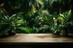 realista 3d carvalho madeira mesa com tropical folhas para produtos sobreposição ai gerado foto
