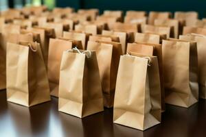 de mesa exibição Castanho papel bolsas liderar Fora ordenadamente em a superfície. ai gerado foto