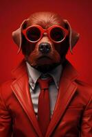 legal cachorro com elegante roupas e vestindo oculos escuros. simples animal criativo conceito isolado em colorida fundo. foto