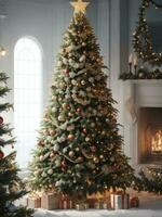 Visão do belas decorado Natal árvore ao ar livre, Natal realista fundo, generativo ai. livre estoque foto