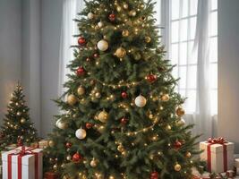 Visão do belas decorado Natal árvore ao ar livre, Natal realista fundo, generativo ai. livre estoque foto