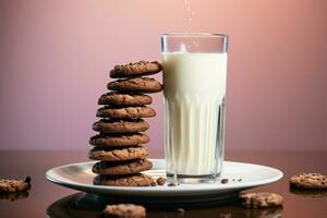 saboreando chocolate biscoitos, perfeitamente emparelhado com uma refrescante vidro do leite ai gerado foto