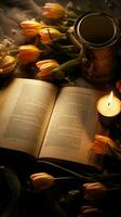 Careca Visão do a aberto Bíblia, tulipas, suéter, chá, e velas vertical Móvel papel de parede ai gerado foto