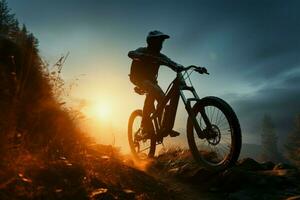 equitação uma bicicleta às facilidade, abraçando a beleza do a noite céu ai gerado foto