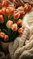 fresco tulipas e uma tricotado suéter arranjado dentro uma na moda plano deitar vertical Móvel papel de parede ai gerado foto