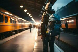 sozinho mas determinado, uma viajante com uma mochila anda em através a trem estação ai gerado foto
