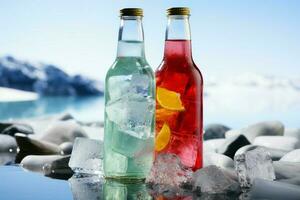 refrigerado água garrafa descansos em gelo contra uma sereno azul fundo ai gerado foto