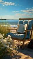 beira-mar serenidade lendo em meio a livros e paisagem marítima, uma tranquilo verão fuga vertical Móvel papel de parede ai gerado foto