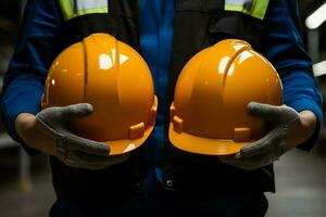 dois anônimo industrial trabalhadores mostrando segurando capacete de segurança proteção capacetes acima fechar. ai gerado foto